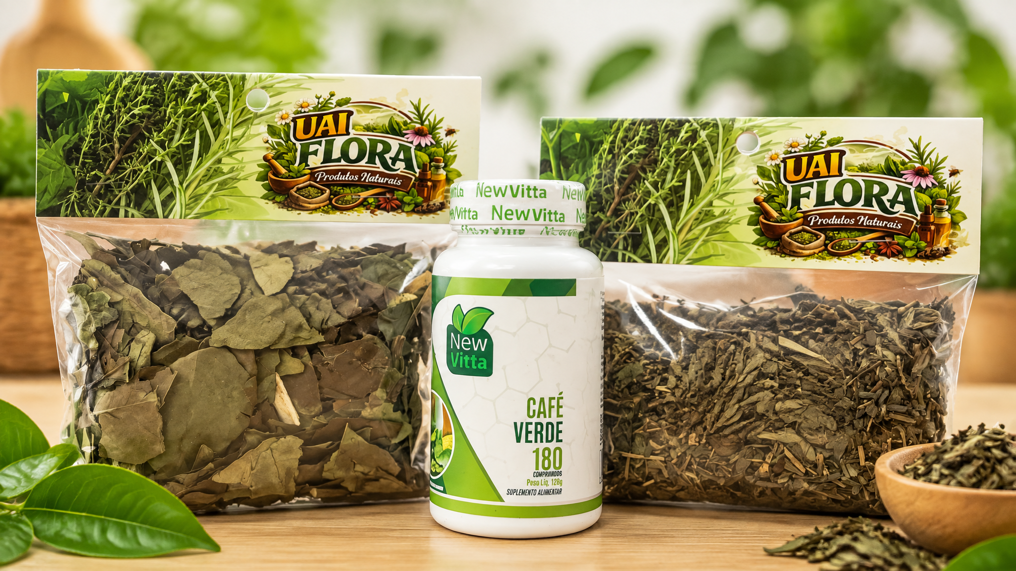 Chá verde em folhas e cápsulas
